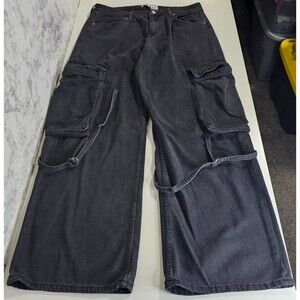 S.O.N.G Women’s Baggy Cargo Jeans, Black, Straps  on Pockets Wide Leg Size 11/30